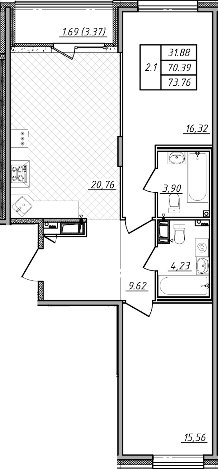 2-комнатная квартира 70.39 м², 2/12 эт., ЖК «Чёрная речка»